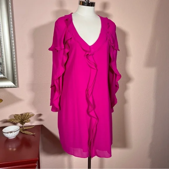 NEW Belle Badgley Mischka Magenta Long Sleeve Ruffle front Mini cocktail Dress - Picture 3 of 17